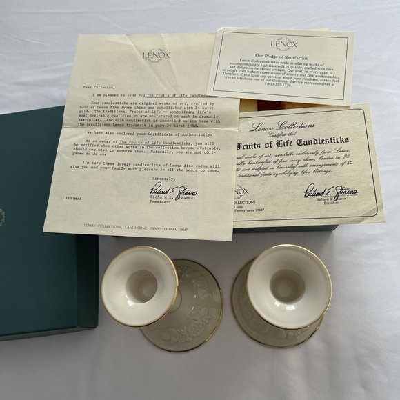 Lenox - Fruits of Life Candlesticks Fine China 24k Trim in Box With COA - Picture 5 of 9